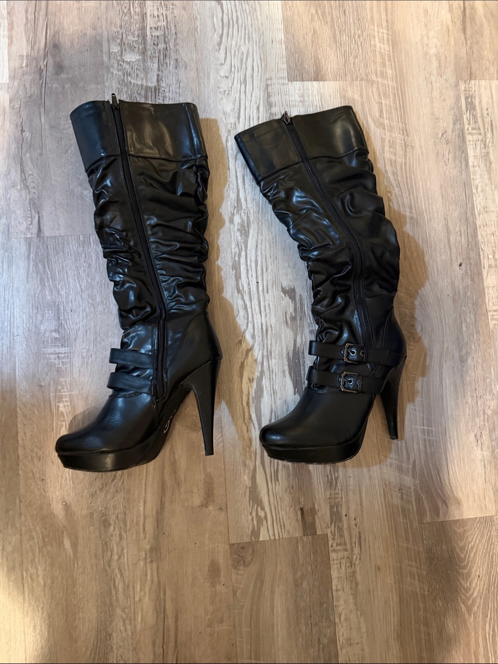Guess Black Ruched Mid-Calf High Heel Boots with Buckle Details